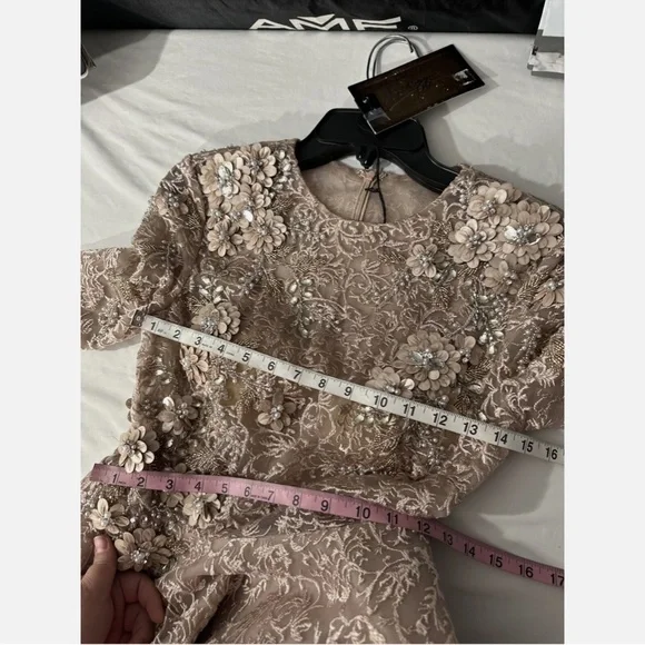 NWT $998 Mac Duggal [ 4 ] Floral Embellished Long Sleeve A-Line Gown Mocha‎ Pink - Picture 4 of 16